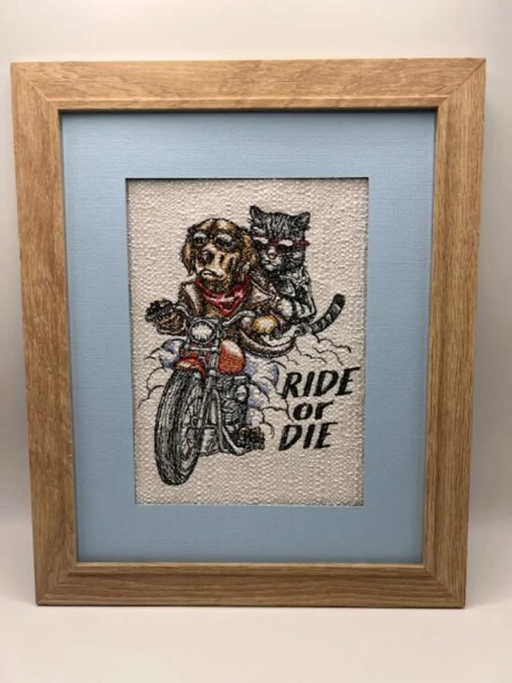 Homemade Ride Or Die Dog & Cat 8X10 Framed Embroidery Art - Picture 1 of 6